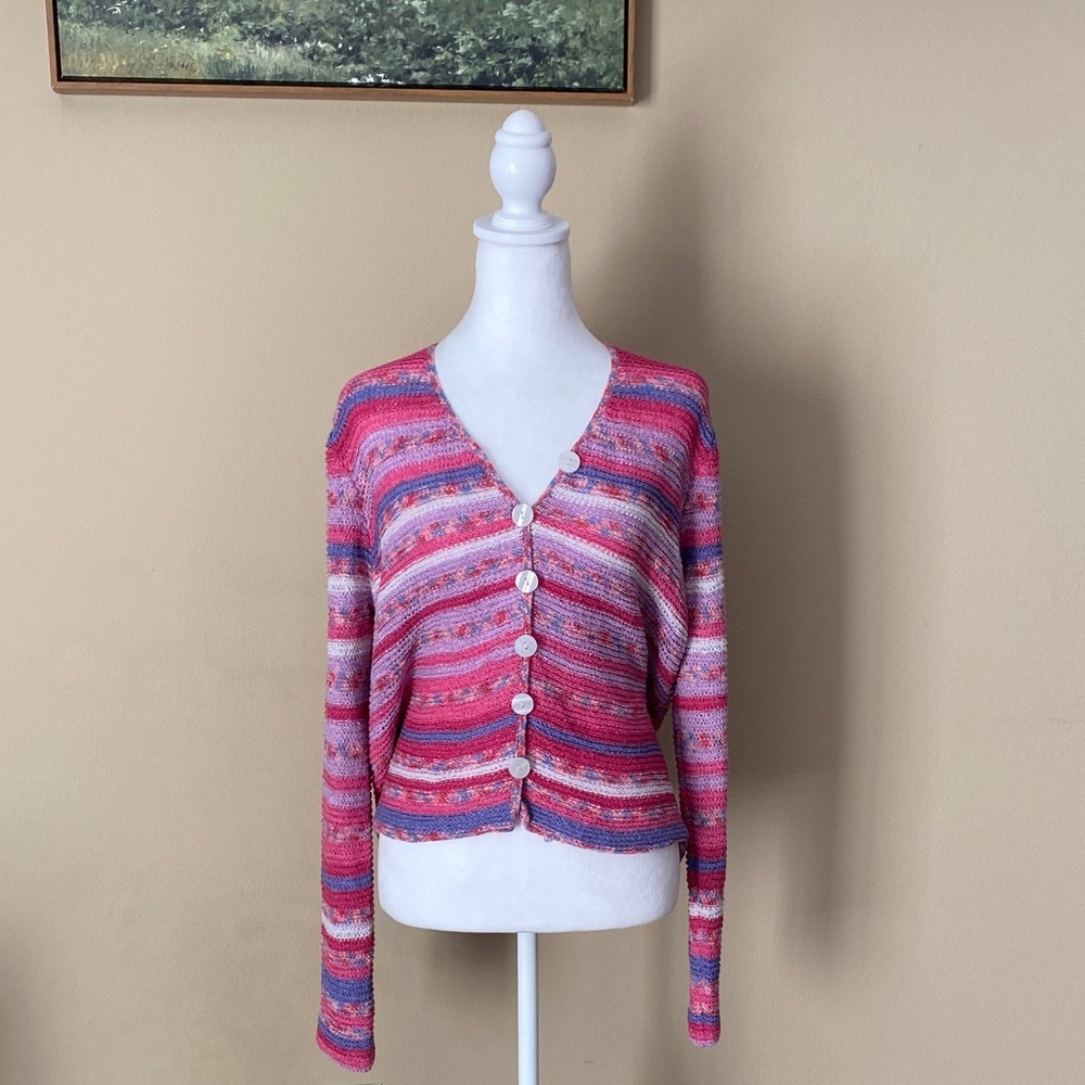 Vintage Chadwick’s Colorful Pink Crochet Cardigan Large